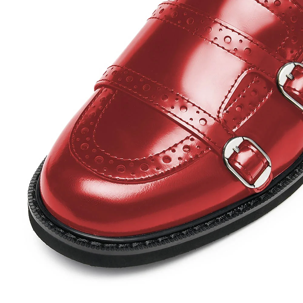 Red Patent Leather Round Toe Buckle Decor Chunky Heeled Loafers