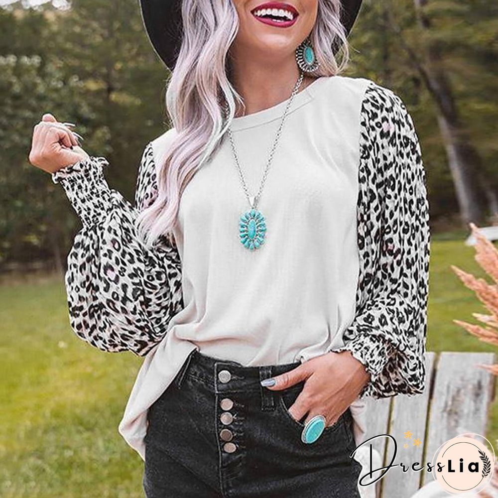 New Spring Autumn Women Tshirts Leopard Printing Lantern Sleeve Loose Stitching color Tops Fall Womens Clothing Fashion