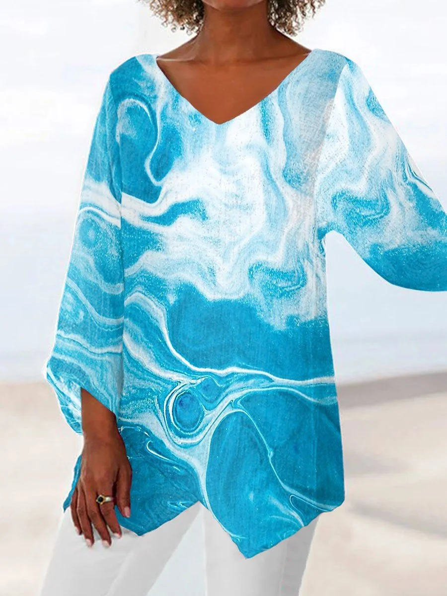 Women Asymmetrical 3/4 Sleeve V-neck Printed Colorblock Top Dress