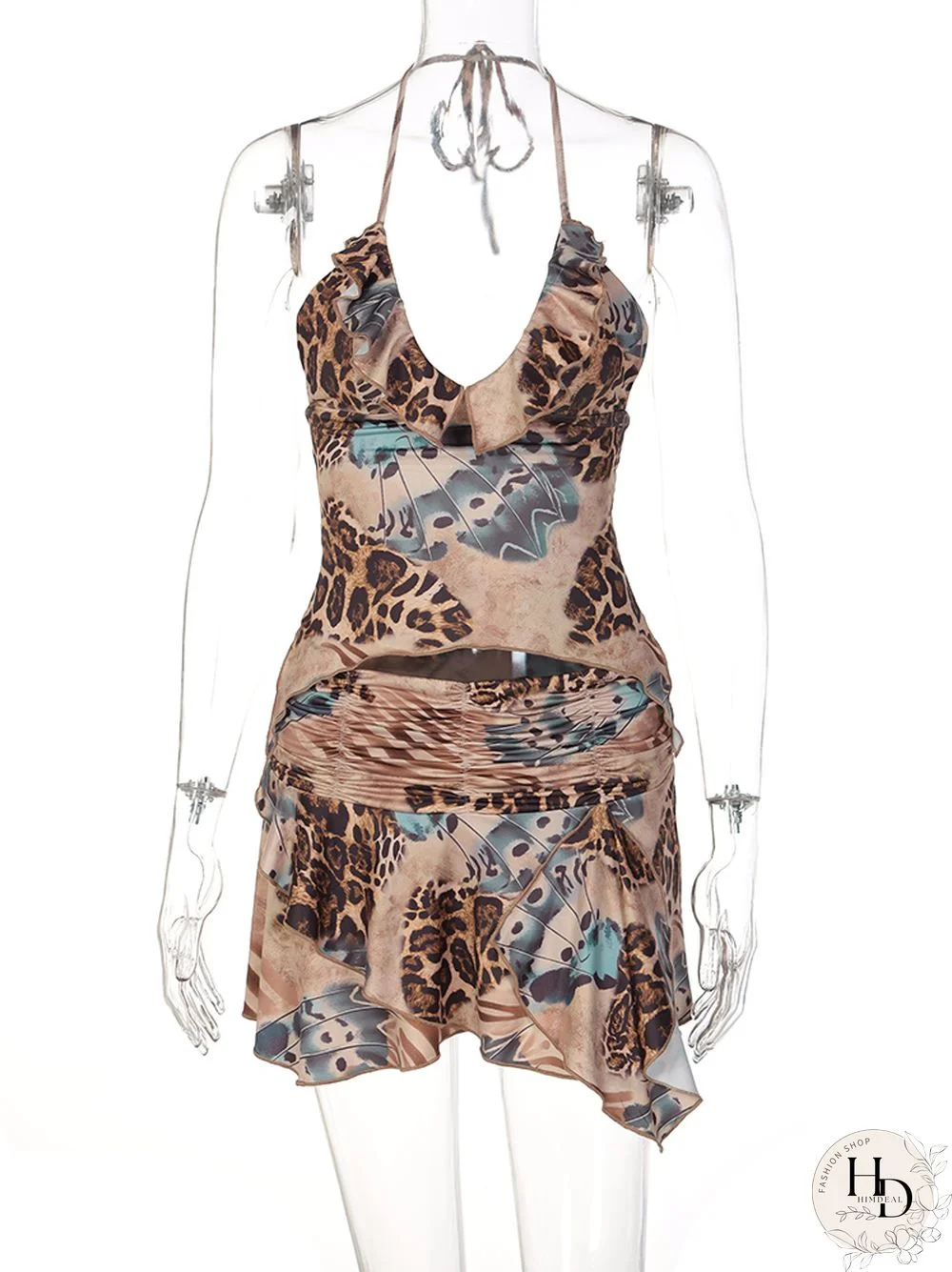 Hugcitar Ruffles Print Halter Sleeveless Crop Top Draped Skirts 2 Pcs Set Sexy Slim Summer Beach Party Outfit Wholesale Items