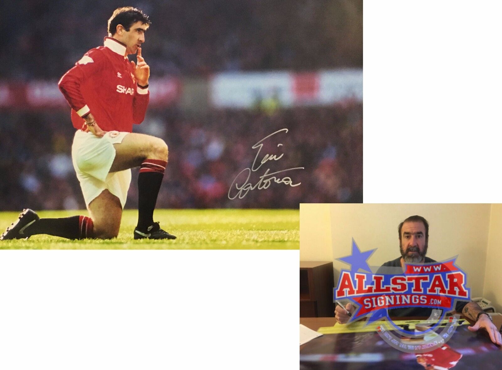 ERIC CANTONA MANCHESTER UNITED SIGNED HUGE 30x20 FOOTBALL Photo Poster painting PROOF & COA