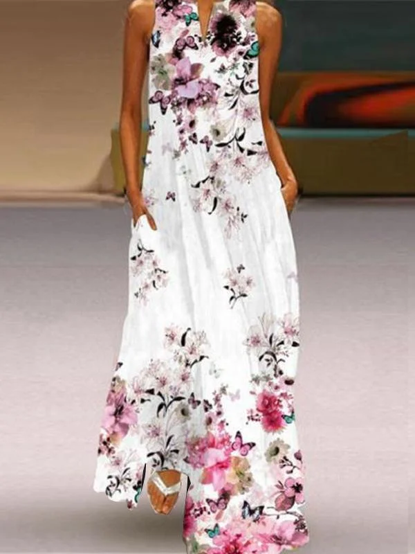 Women Sleeveless V-Neck Floral Printed Maxi Dress