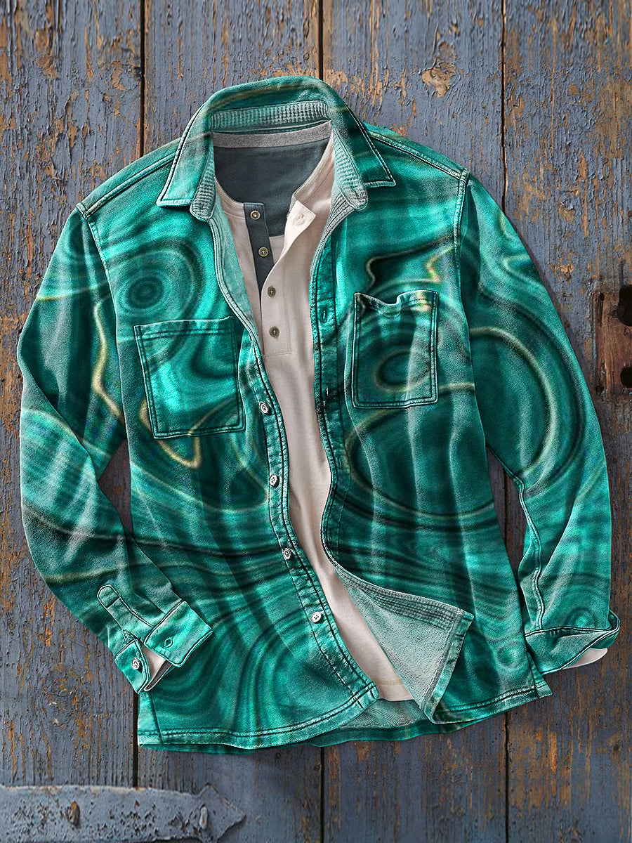 Men's Vintage Abstract Textured Art Print Soft Long Sleeve Pocket Shirt