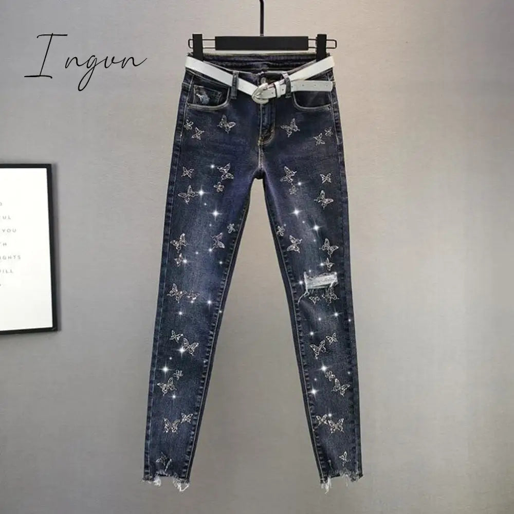 Ingvn - Hot Sales High Waist Jeans Women Beading Butterfly Fashion Ripped Casual Plus Size Stretch