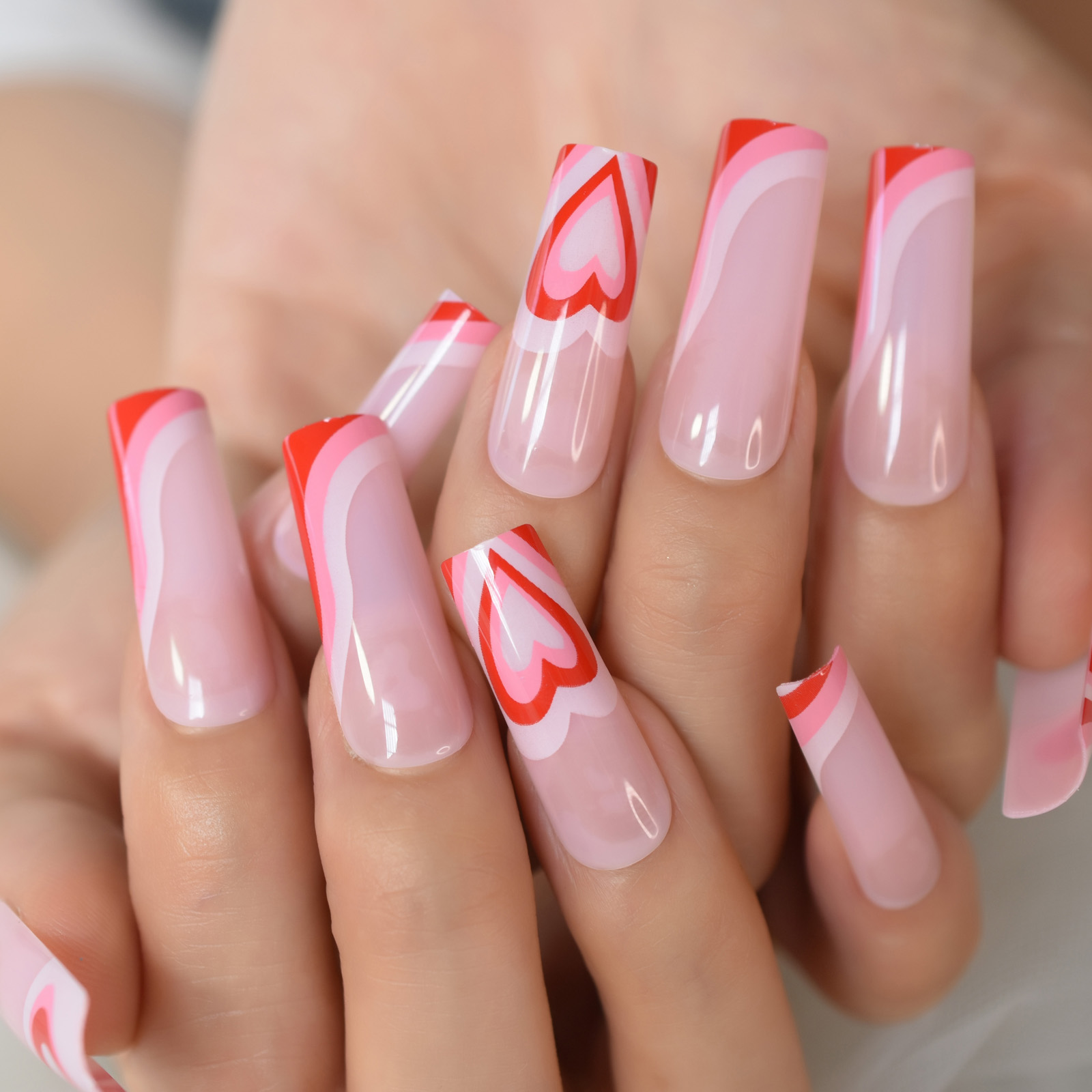 Collectvip Simple Summer Nails – Medium Square Glitter Press On Fake Nails with Pink Line Design  
