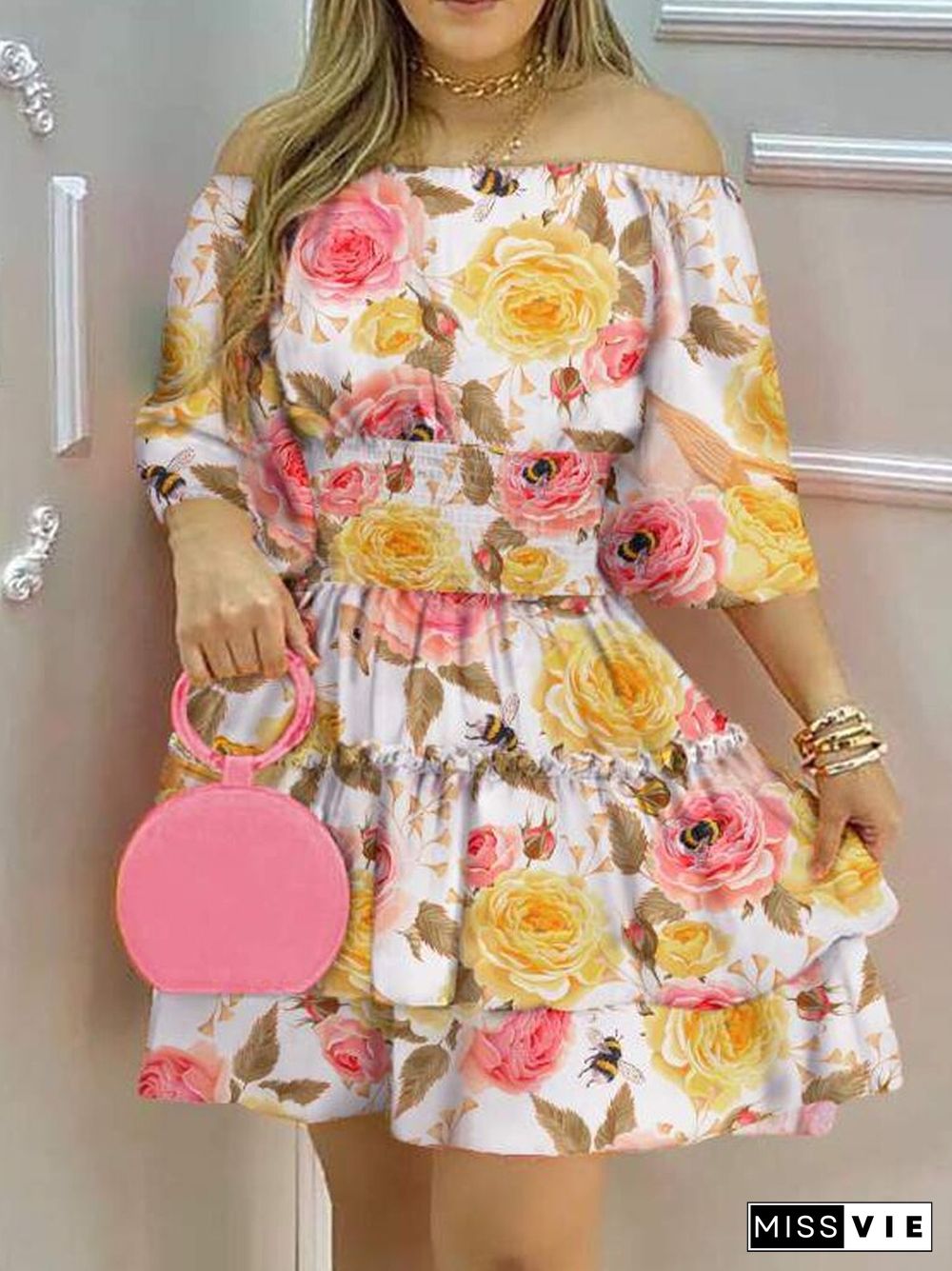 Sexy One Word Collar Backless Party Mini Dress Women Summer Elegant Floral Printed Half