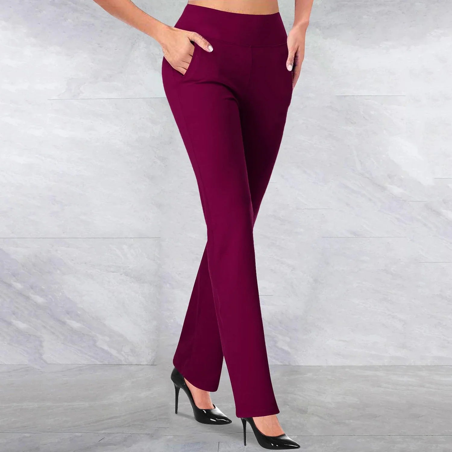 Womens Dress Work Casual Pants Trousers Straight Full Length Pocket Stretchy Daily Black