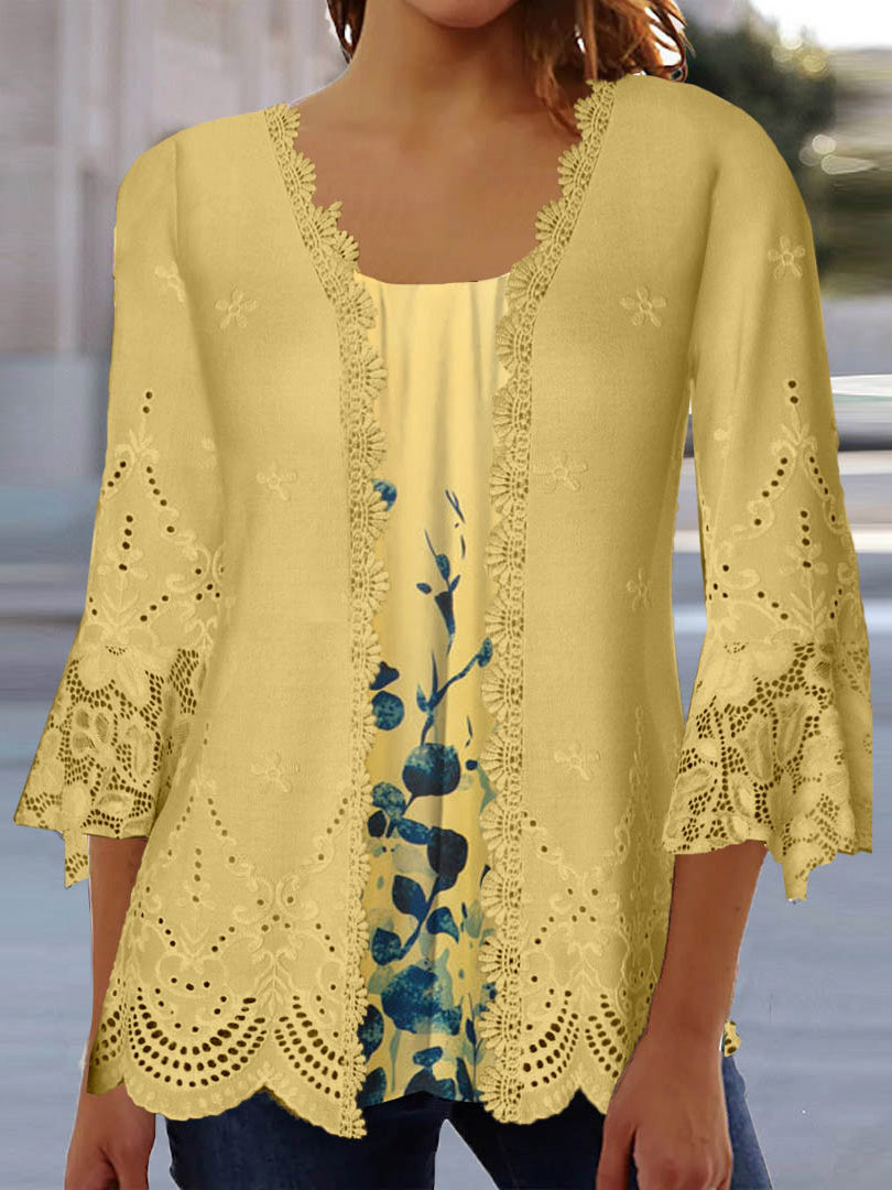 Women's 3/4 Sleeve Scoop Neck Floral Printed Lace Stitching Two Pieces Tops