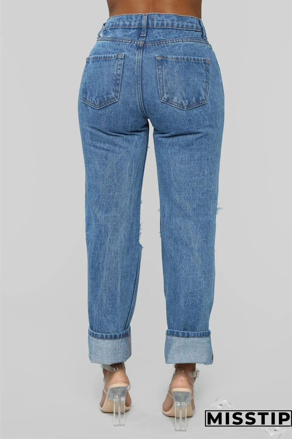 Light Blue Fashion Casual Solid Broken Hole Straight Jeans
