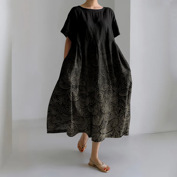 Vintage Waves Print Short Sleeve Linen Blend Maxi Dress