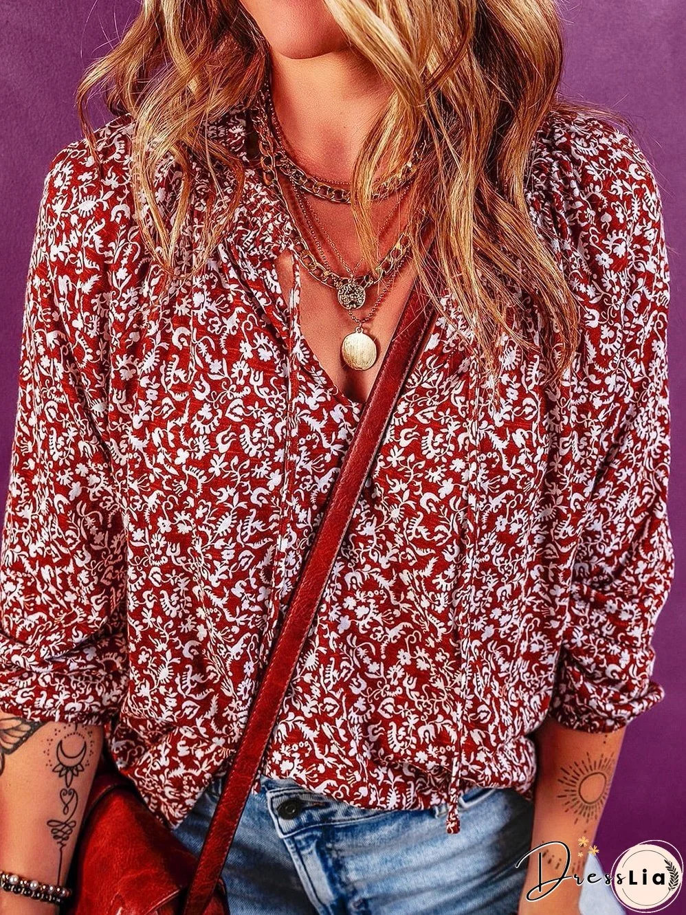Burgundy Flower Print Neck Tie Blouse