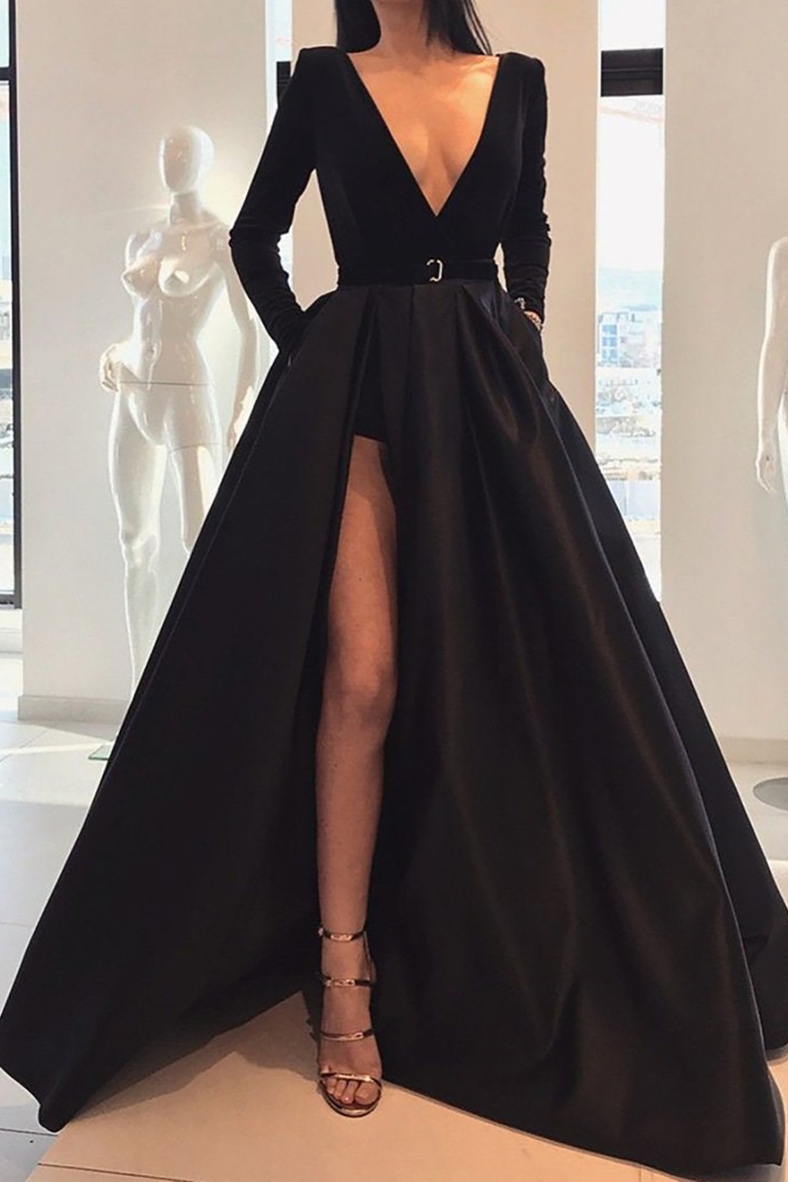 Ovlias Fabulous Black Deep V Neck Long Sleeve Split Couture Prom Dress LY0460