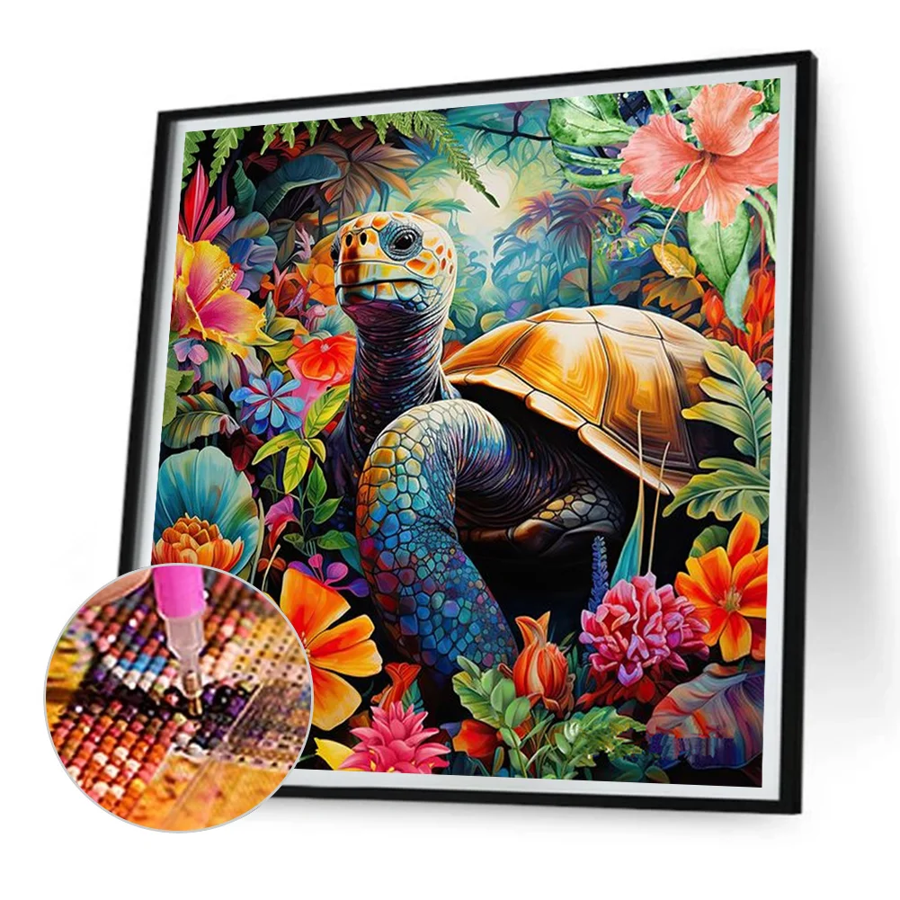 Full Round Diamond Painting 30*30cm - Tortoise And Flowers