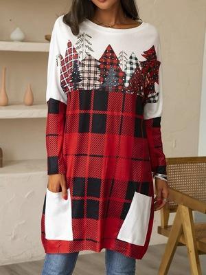 thdmladies Christmas Check Print Mid-length Pocket Long Sleeve thedmladies
