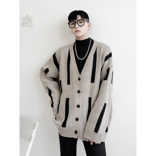 -Contrast Stripes Ins Loose Knit Sweater Korean V-neck Sweater Cardigan-Dawfashion- Original Design Clothing Store-Halloween 2022