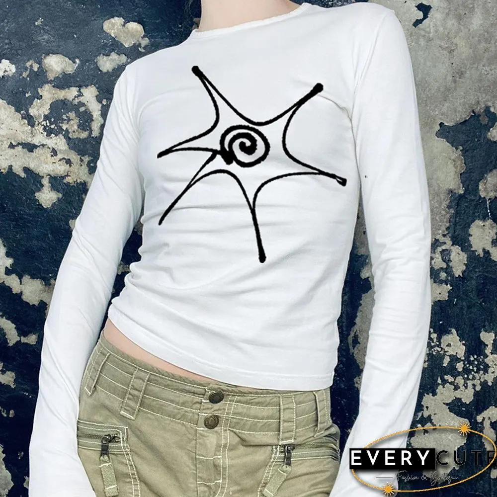 Y2K Shirts For Women Graphic Print Long Sleeve Crop Top White Harajuku Clothes Emo Girl
