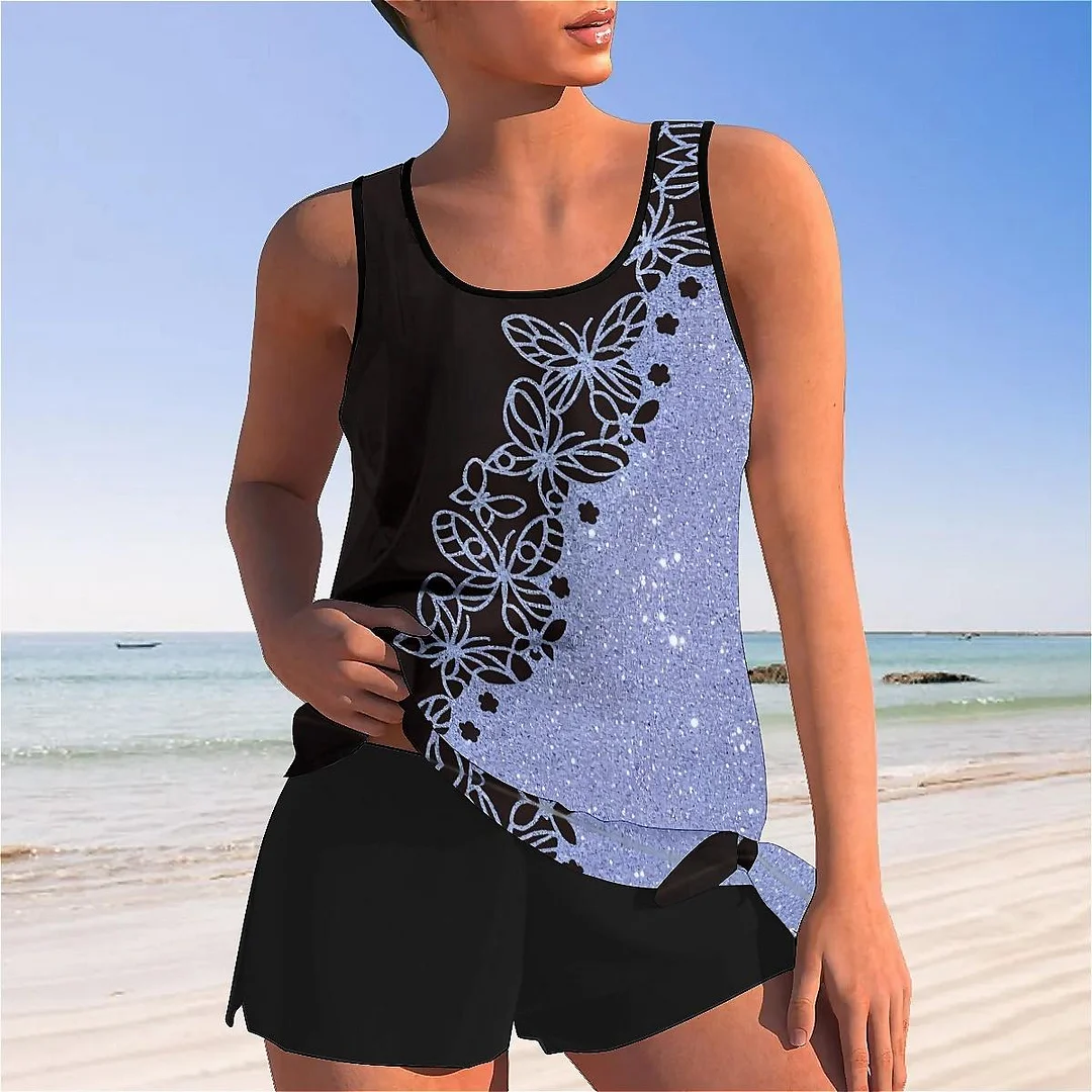 Bowknot Purple,Butterfly,Glitter Mid Waisted Tankini Set - Plus Size Available
