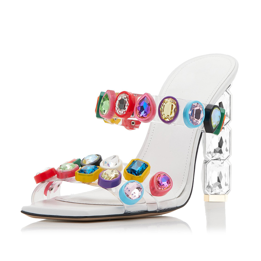 Clear Square Toe 4'' Decorative Heel Mules with Colourful Rhinestones Nicepairs