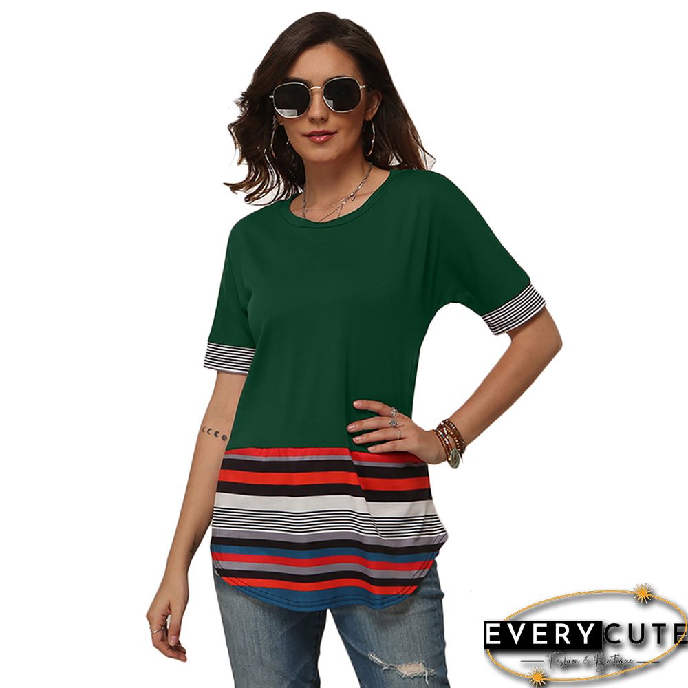 Green Spliced Multicolor Stripe Tunic Top