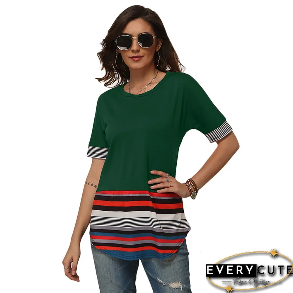 Green Spliced Multicolor Stripe Tunic Top