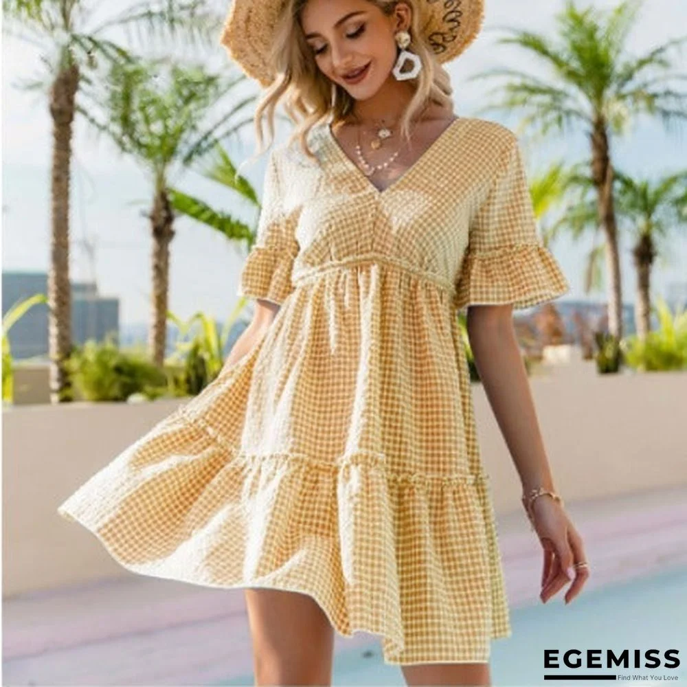 Fashion Ruffled Sleeve Plaid Dress | EGEMISS