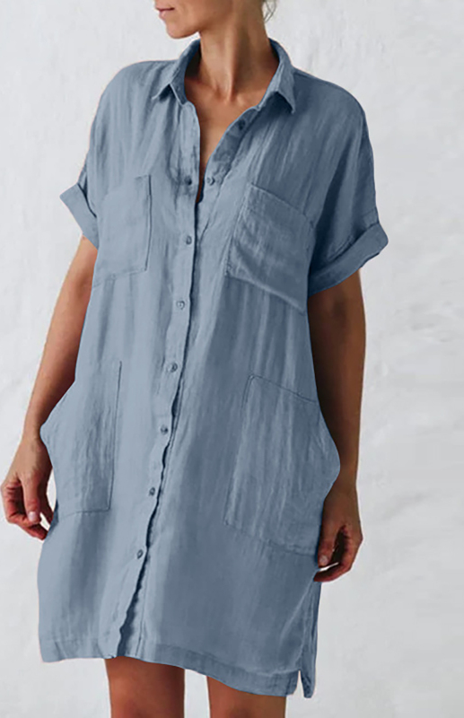 Mature Women Plus Size Lapel Button Pocket Short Sleeve Shirt Dress
