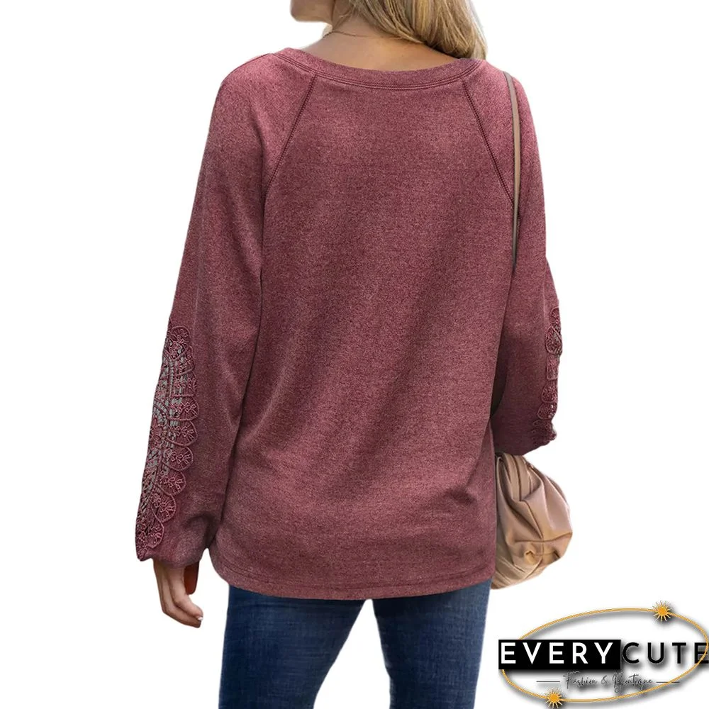 Wine Red V Neck Spliced Crochet Long Sleeve Tops