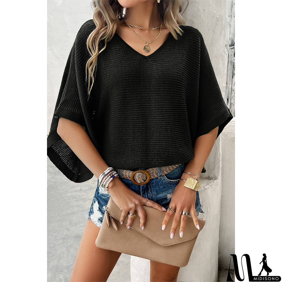 MidiSono - Solid V Neck Knit Loose Fit Bat Sleeves Top