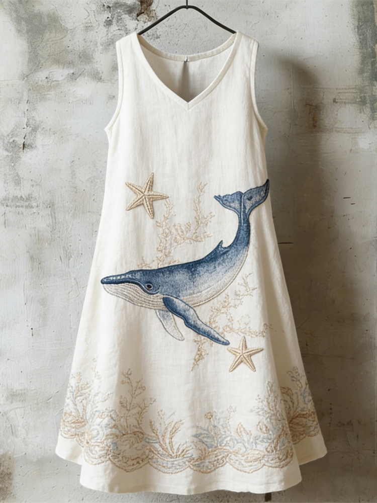 Vintage Ocean Whale Art Pattern Cozy Linen Midi Dress wearshes