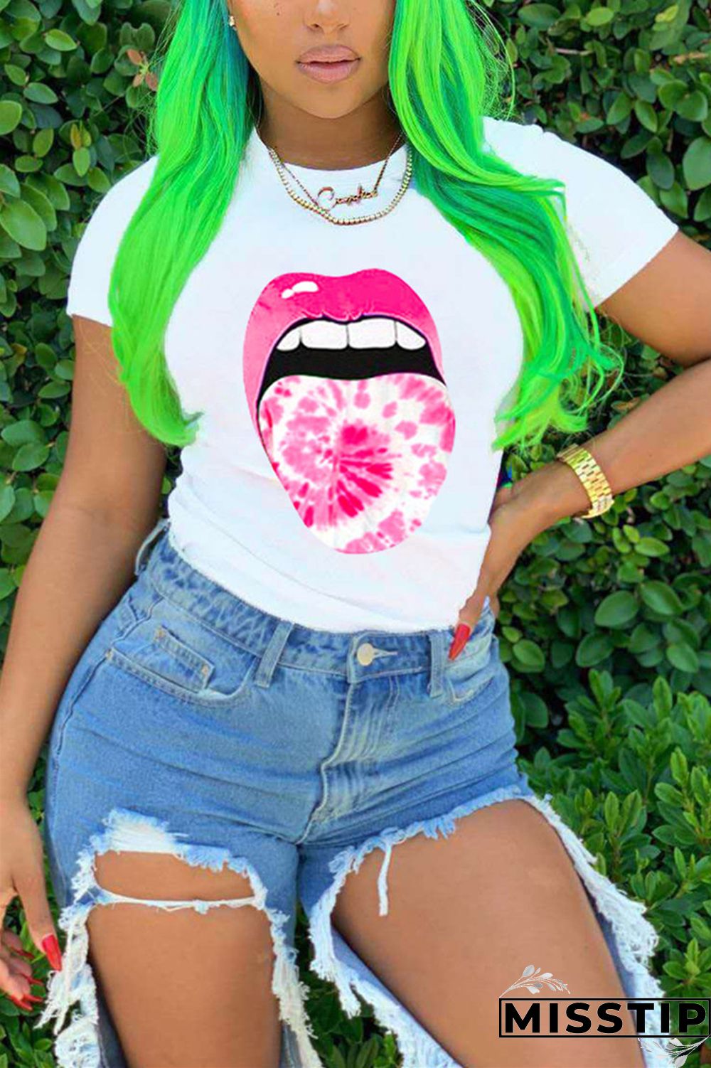 Green Fashion Lips Print Short Sleeve T-shirt