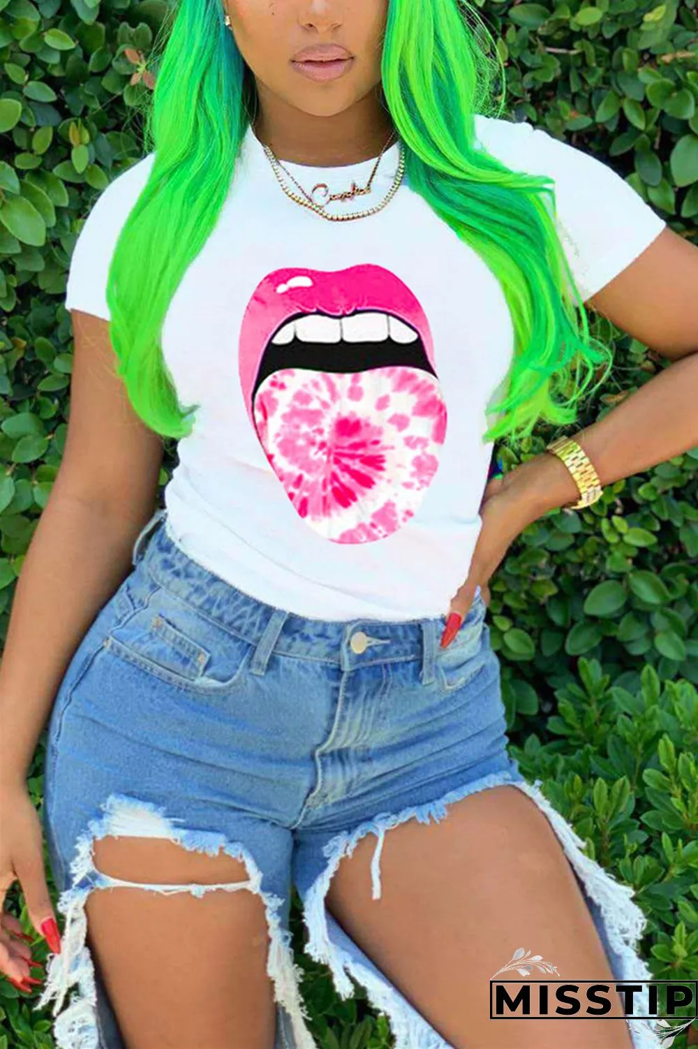 Green Fashion Lips Print Short Sleeve T-shirt