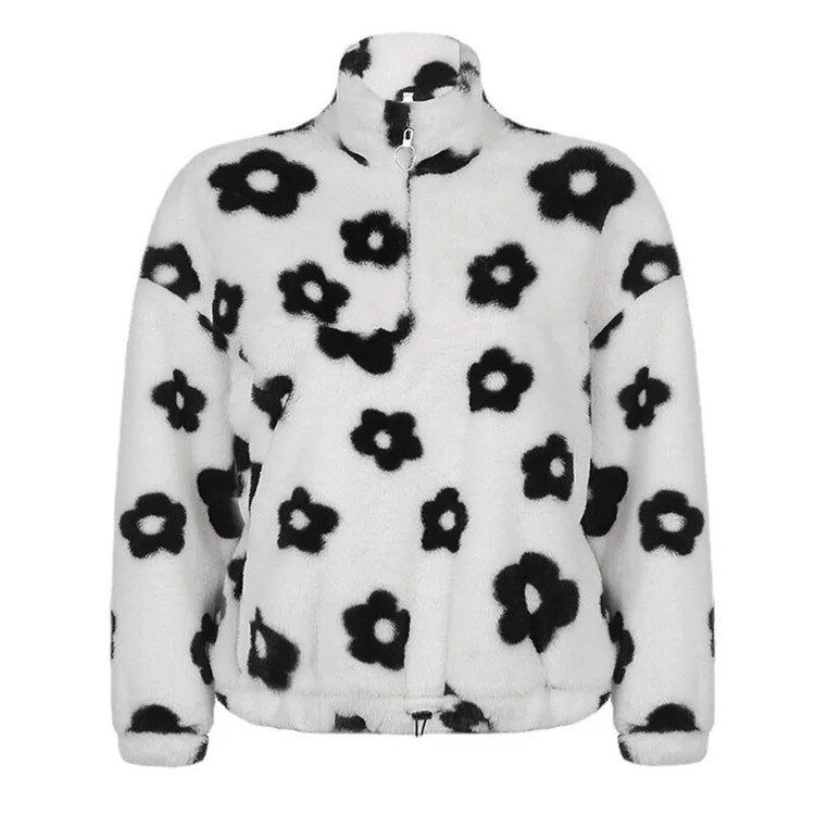 Soft Hairy Stand Collar With Zipper Flower Shaped Printed Long Sleeve Faux Fur Sweatshirt