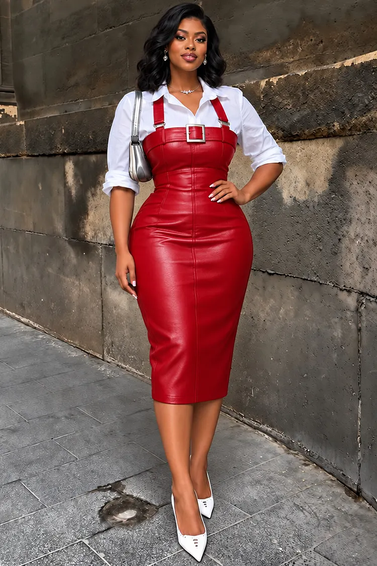 Xpluswear Design Plus Size Christmas Red Split Bodycon PU Leather Midi Dresses(Without Blouse) [Pre-Order] 2024 - Xpluswear