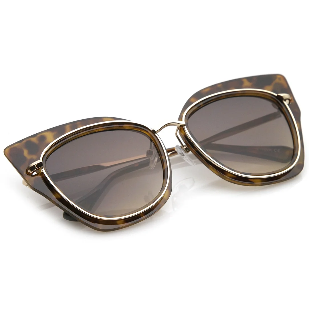 Women's Oversize Metal Trim Slim Arms Super Flat Lens Cat Eye glasses 57mm