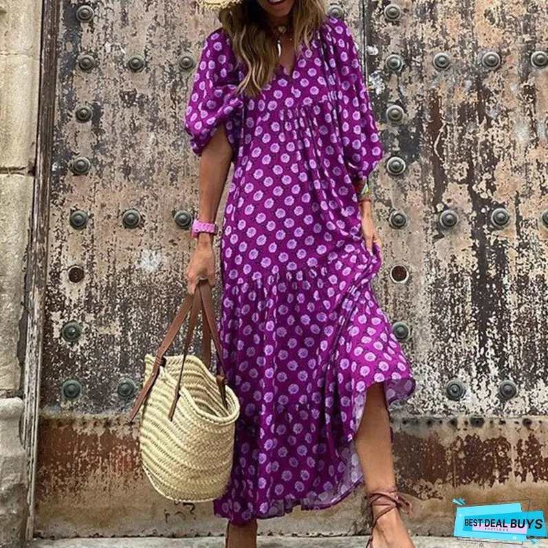 Women's Bohemian Round Neck Lantern Sleeve Sweet Dresses