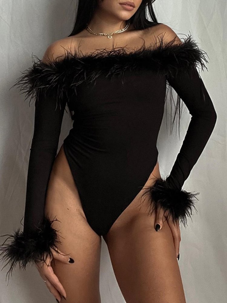 Promsstyle Sexy Off-the-shoulder Long Sleeve Feather Bodycon Black Jumpsuit