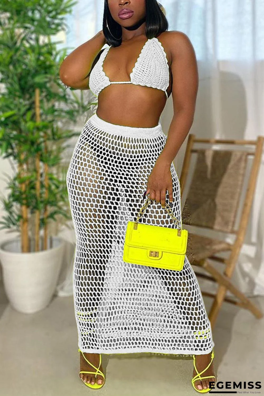 White Sexy Grid Perspective Beach Swimsuit Set | EGEMISS