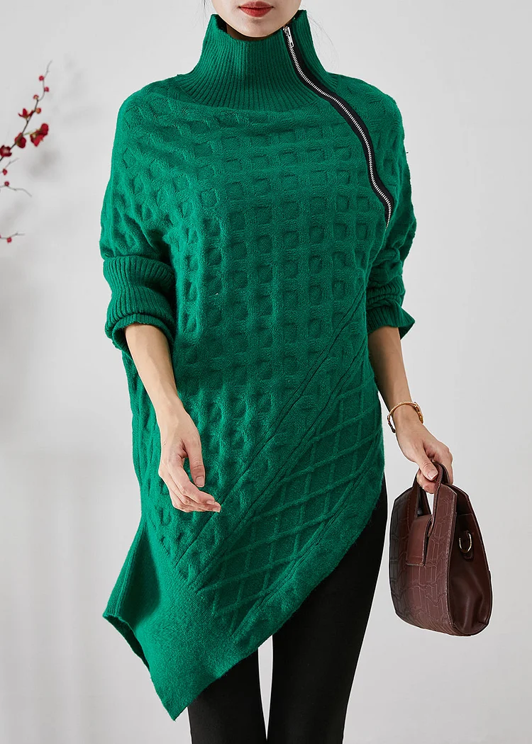 Chic Green Asymmetrical Zippered Knit Short Sweater Fall