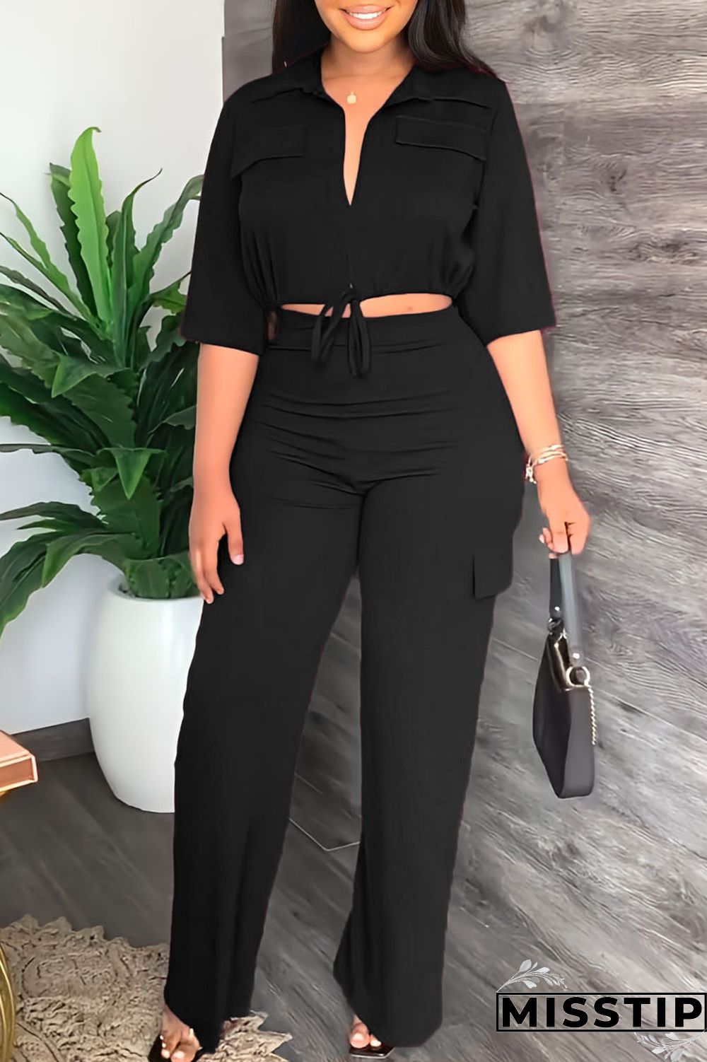 Black Casual Solid Bandage Patchwork Turndown Collar Half Sleeve Two Pieces