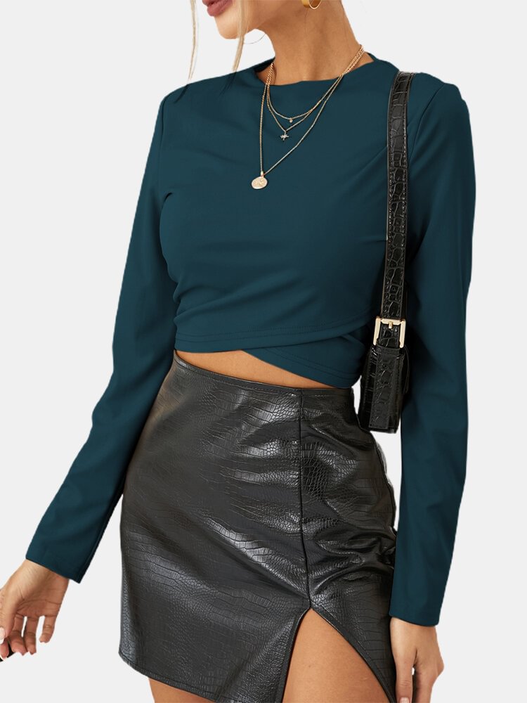 Solid Color O-neck Long Sleeve Casual Crop Top For Women - Life is Beautiful for You - SheChoic