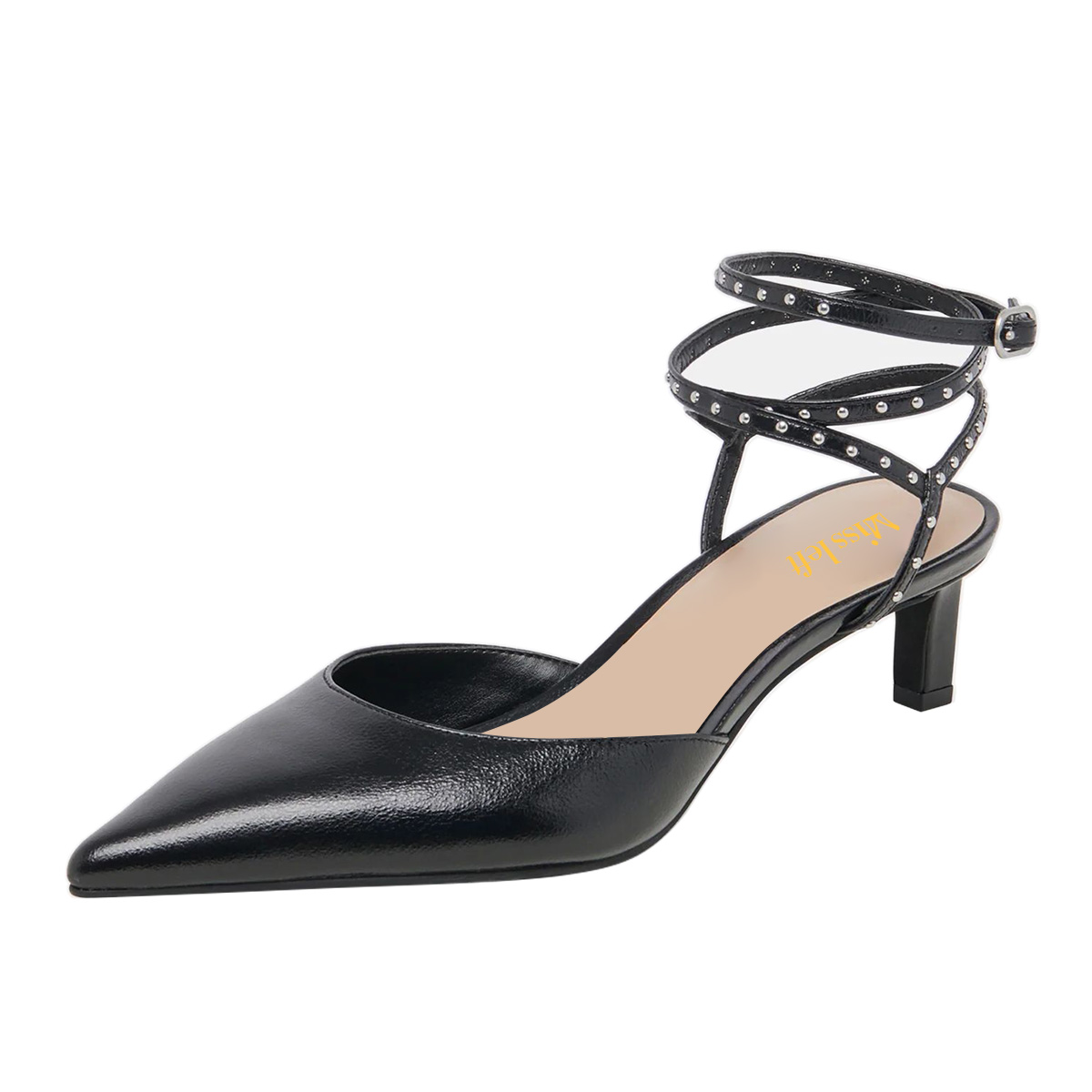 Studded Pointed Toe Buckle Ankle Strappy Black Heels Sandals Nicepairs