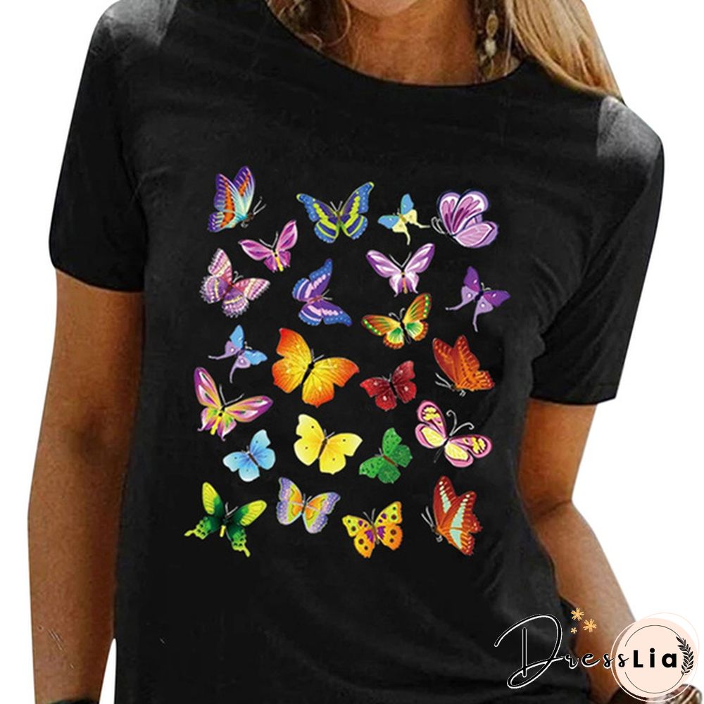 Colorful Butterfly Printed Female T Shirt Summer Fashion Short Sleeve Women T Shirts Round Neck Top Tees
