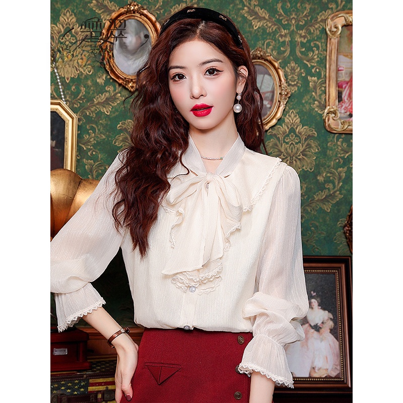 Elegant Long Sleeve Chiffon Shirt with  Knot for Women Inner Wear High End Feelings Fashionable Top Ladylike Sle
