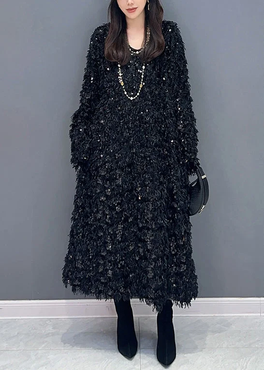 Black Lace Up Patchwork Fuzzy Fur Fluffy Long Dressess V Neck Spring