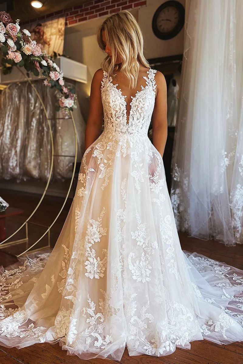 Ovlias White Sleeveless Deep V-Neck Wedding Dress Floor Length Sheer with Lace applique DE0004