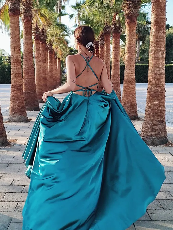 strapless open back dress Sage Green Spaghetti Strap Mermaid Prom Dress – Dressesforparty main image 1