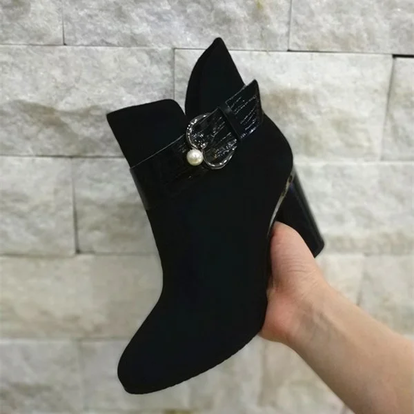 Black Pearl Buckle Chunky Heel Ankle Booties Vdcoo