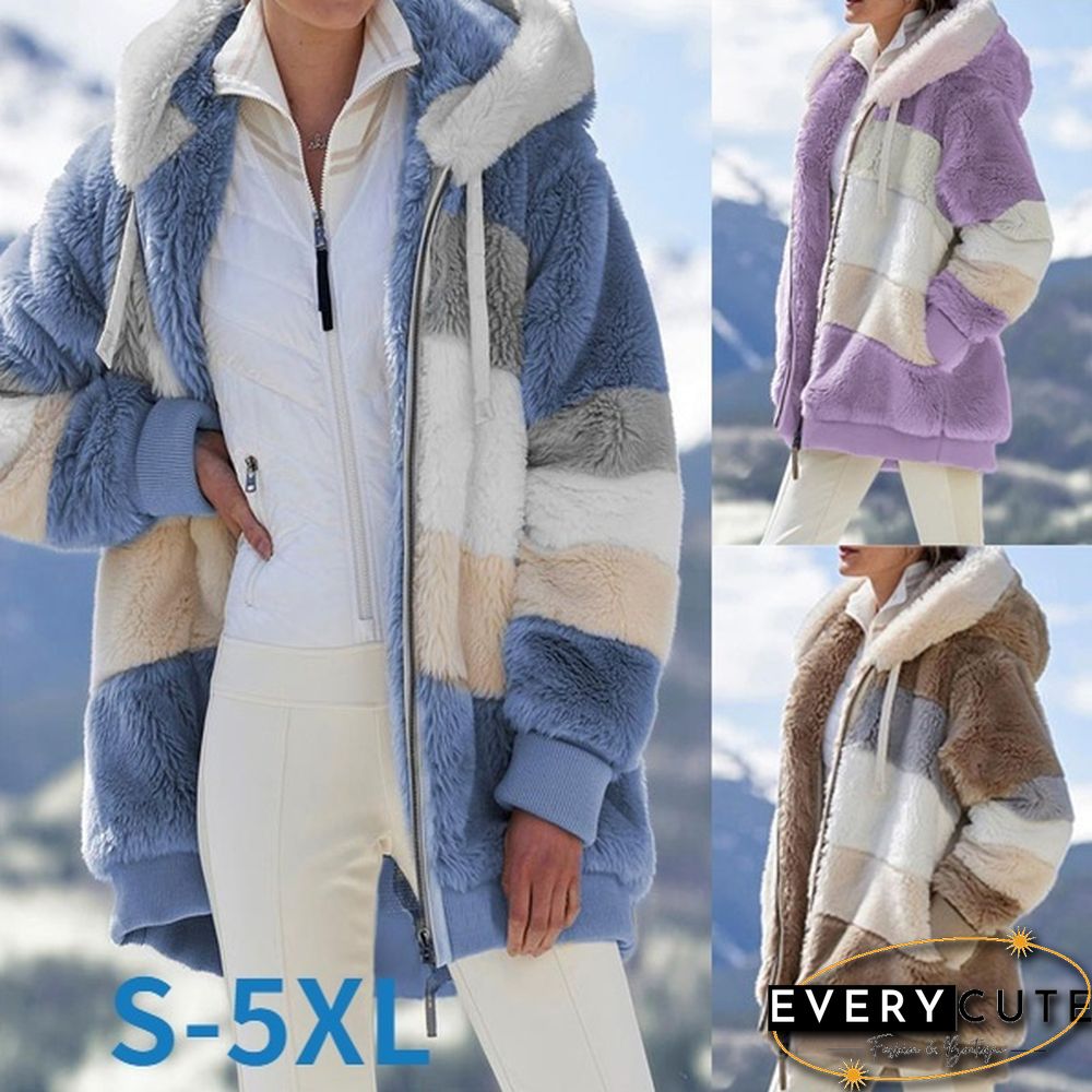 New Winter Womens Fashion Jacket Hooded Warm Plush Loose for Women Patchwork Outerwear