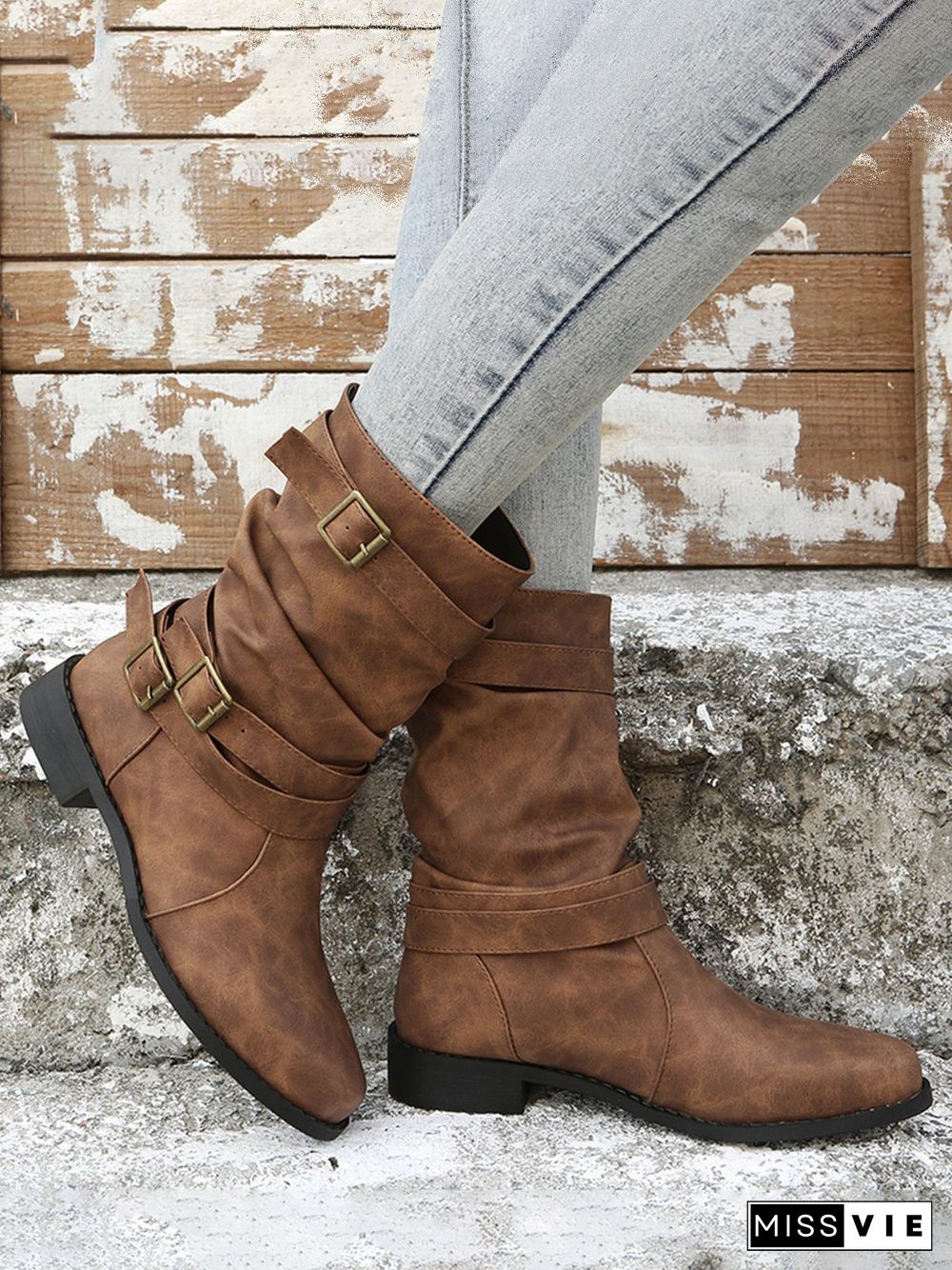 Ruched Buckle Casual Leather Booties