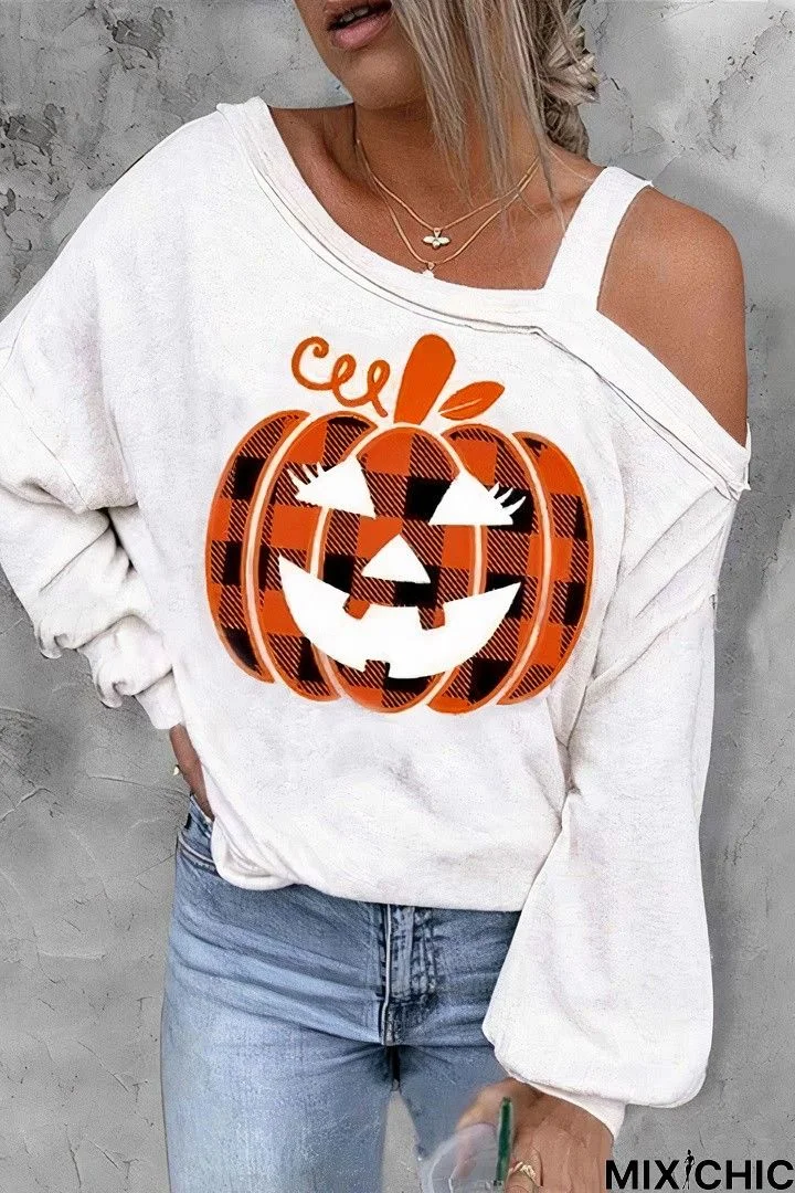 Halloween Print Asymmetrical Neck T-Shirt